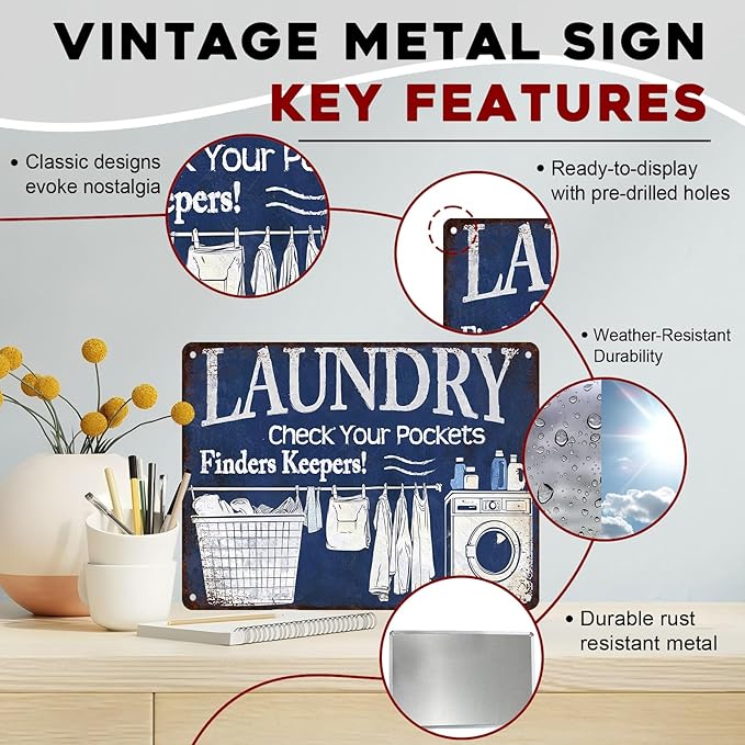 Laundry Vintage Tin Sign Check Your Pockets Metal Sign Funny Laundromat Rules Decor 12x16Inch