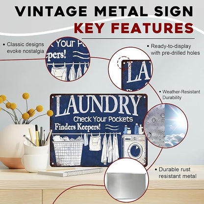 Laundry Vintage Tin Sign Check Your Pockets Metal Sign Funny Laundromat Rules Decor 12x16Inch