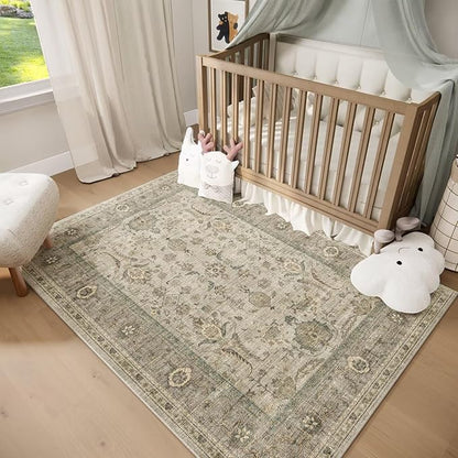 Washable 5x7 Area Rugs for Living Room, Boho Non-Slip Vintage Rugs for Bedroom Dining Room Nursery Office, 0.3" Neutral Oriental Throw Thin Carpet with Cushioning, Flaxen/Multi, B2