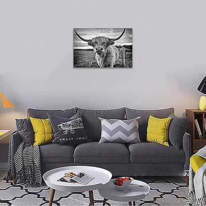 Highland Cow Canvas Wall Art Black and White Cow Photos for Wall Nature Cow Picture Framed Animal Poster Artwork for Bathroom Decor (16x24inches)