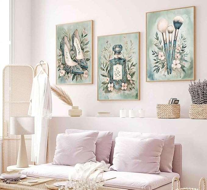 3Pcs Fashion Teen Girls Bedroom Wall Art Perfume Makeup Brushes High Heel Canvas Painting Green Watercolor Botanical Flowers Wall Decor Coquette Preppy Posters Prints for Girl Dorm Pictures Unframed