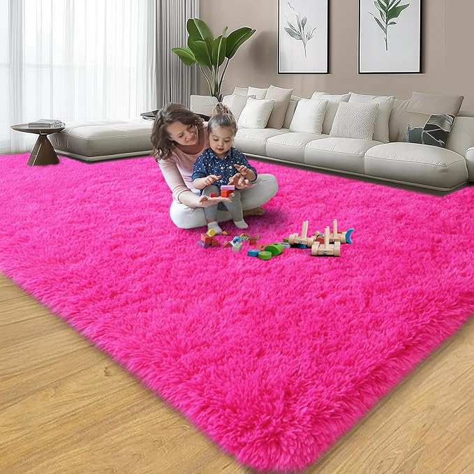 qulint Hot Pink Area Rug for Living Room, 6x9 Area Rug Soft Shag Fluffy Rug for Bedroom, Fuzzy Plush Alfombras para Salas Modernas Shaggy Large Carpet for Office Home Decor (6ft x 9ft, Hot Pink)