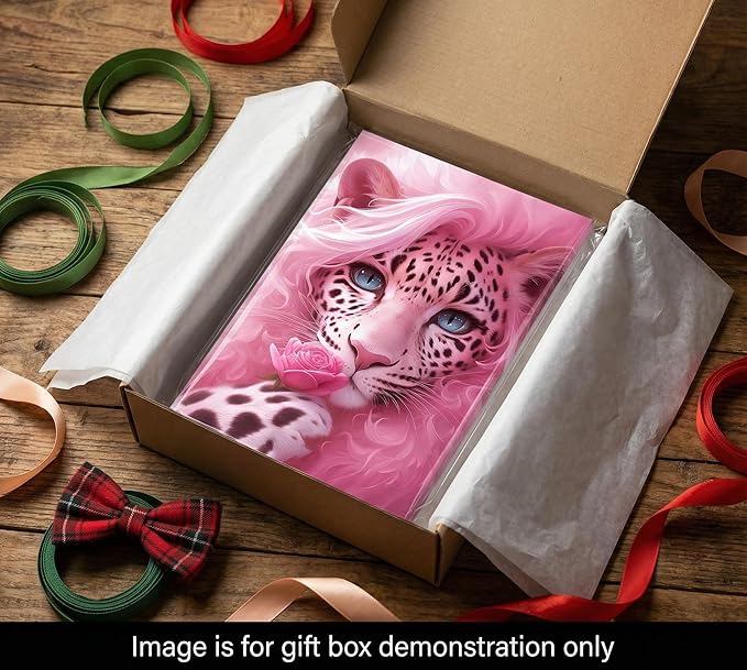 Whimsical Pink Mother Leopard Canvas Wall Art Fashionable and Beautiful Female Leopard Holding Roses Wall Decor Picture Attractive Blue Eyes Postre Print for Girls Room Preppy Dorm Artwork Decoration