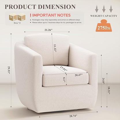 MALOL 360° Swivel Accent Chair Set of 2- Comfy Living Room Armchair No-Sag Foam & Sturdy Metal Base with Pillow, Fully Assembled Swivel Accent Single Sofa for Bedroom, Office, Beige