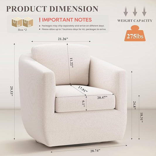 MALOL 360° Swivel Accent Chair Set of 2- Comfy Living Room Armchair No-Sag Foam & Sturdy Metal Base with Pillow, Fully Assembled Swivel Accent Single Sofa for Bedroom, Office, Beige