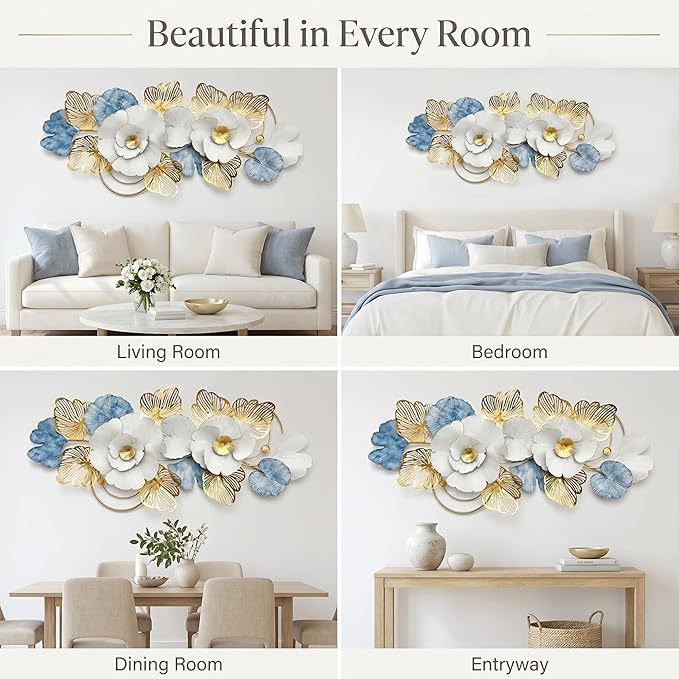 Axioglo Large Metal Wall Art Decor, 3D Modern Abstract Floral Pattern Design, Handcrafted Metal Wall Sculpture for Living Room, Bedroom & Entryway（51"）