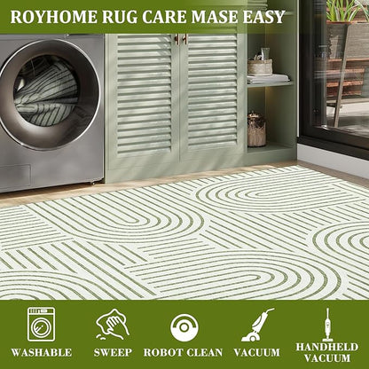 ROYHOME Washable Rug 9x12 Area Rugs for Living Room, Abstract Rug for Bedroom, Soft Rainbow Non Slip Throw Rugs with Rubber Back, Low Pile Stain Resistant Boho Geometric Carpet for Dining Room, Green