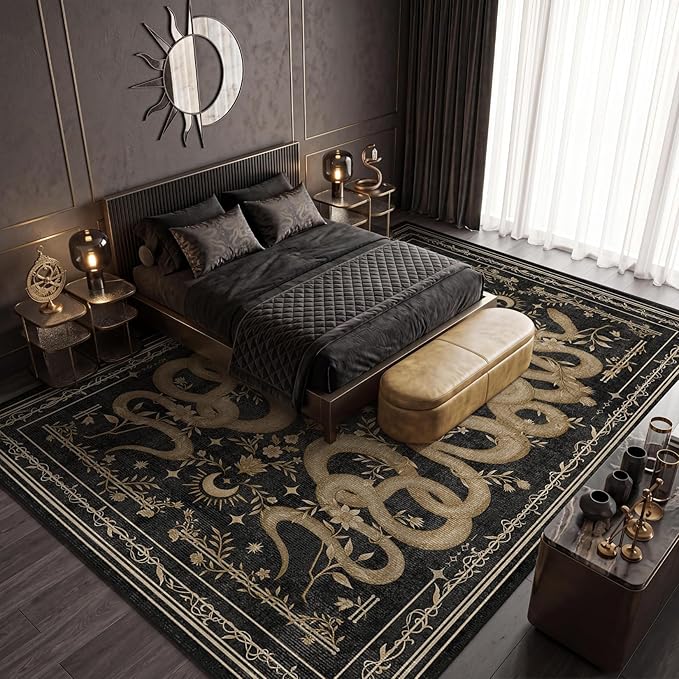 Garvee Snake Gothic 9x12 Area Rug Dark Whimsical Moody Witchy Unique Soft Thin Large Carpet for Living Room Bedroom Dining Room Playroom Indoor Decor Low Pile TPE Backing Black Gray
