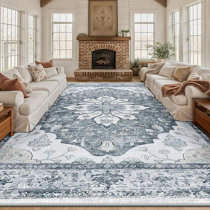 RELEANY Area Rugs 10'x12' Washable Non-Slip, Floral Vintage Distress Print Pattern Medallion Carpet for Living Room Bedroom Dining Room, Light Gray Grey White