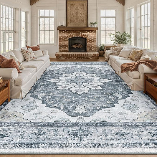 RELEANY Area Rugs 10'x12' Washable Non-Slip, Floral Vintage Distress Print Pattern Medallion Carpet for Living Room Bedroom Dining Room, Light Gray Grey White