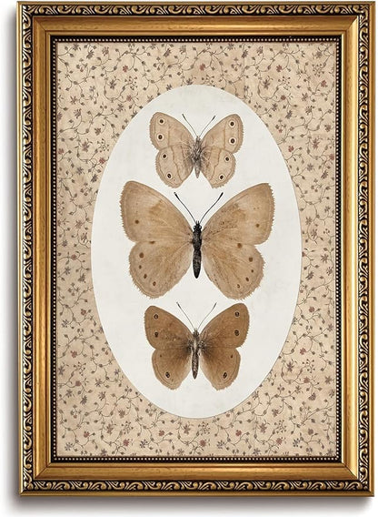WZGZXU Vintage Gold Framed Wall Art Butterfly Pictures Wall Decor Moth Taxidermy Canvas Art Bathroom Shelf Paintings Print Antique Farmhouse Artwork For Living Room Bedroom