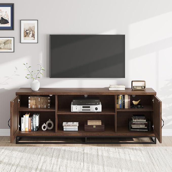 Garvee Farmhouse TV Stand for Living Room, Entertainment Center with 2-Tier Adjustable Shelves & Metal Leg, Wooden TV & Media Console Table for 75 Inch with Storage Compartments, Walnut