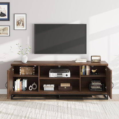 Garvee Farmhouse TV Stand for Living Room, Entertainment Center with 2-Tier Adjustable Shelves & Metal Leg, Wooden TV & Media Console Table for 75 Inch with Storage Compartments, Walnut