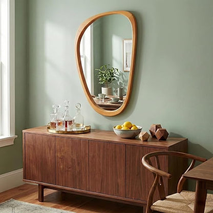 Solid Wood 36"x24" Modern Organic Asymmetrical Mirror, Warm Walnut Irregular Wooden Wall-Mounted Mirror, Sculptural Spa-Like Bathroom Vanity Mirror, Honey Walnut