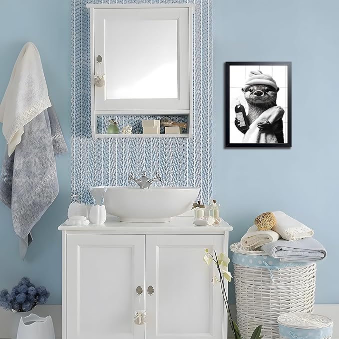 ARKZSHO Black and White Bathroom Wall Art, Funny Otter Is Getting Ready Bath Canvas Print Picture, Modern Farmhouse Wall Decor Painting, Cute Animal Bathroom Restroom Home Decoration 12x16 Inch Wood Framed