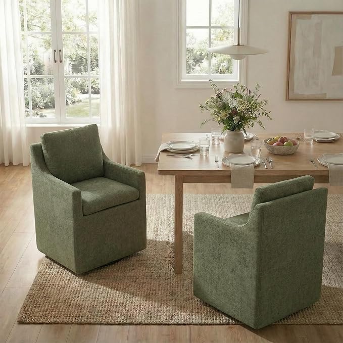 KISLOT Upholstered Dining Chairs Set of 2, Modern Dining Room Chairs with Casters & Washable Cover, Rolling Accent Chair with Hidden Storage for Kitchen, Farmhouse, Living Room, Green, 2 Box