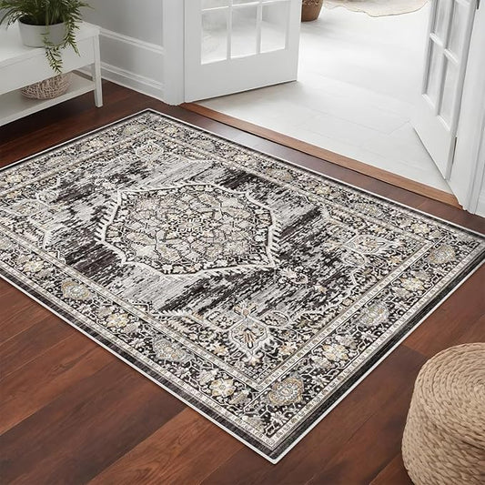 YOUFORTONG Area Rug 3x5 Washable Rugs: Soft Ultra Thin Low Pile Mat Machine Washable Indoor Doormat Lightweight Entry Rug Anti Slip Backing Rugs for Living Room Bedroom Kitchen 3'x5' Black