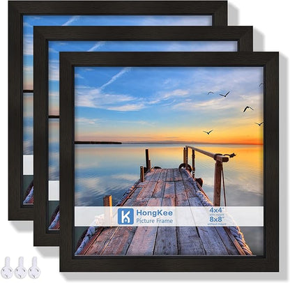 Hongkee 8x8 Picture Frames with Real Glass, Black Wooden Square Photo frame Set of 3, Displays 4x4 Picture With Mat or 8x8 Without Mat, Desktop & Wall Collage Frame set
