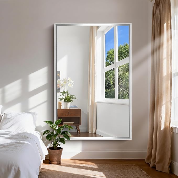 CIRCUMI 60"x40" Brushed Silver Mirror with Chunky Box Metal Frame, Bathroom Mirror for Vanity Remodel & New Home, Living Room, Entryway, Rectangular Wall Mirror, Tempered Glass, Vertical or Horizontal