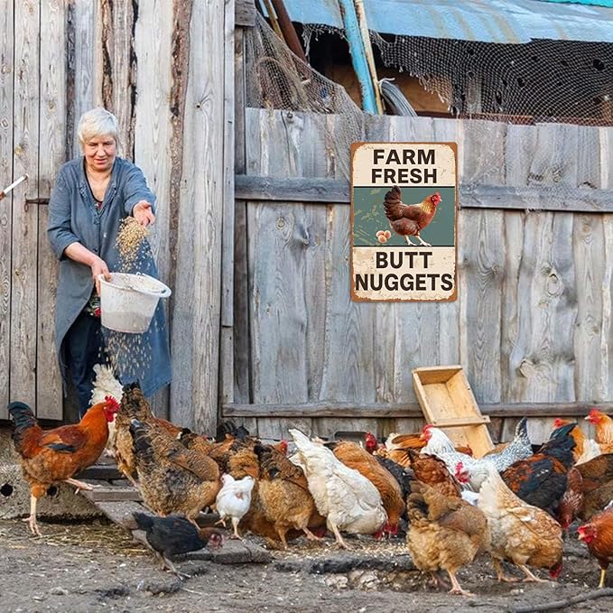 Vintage Metal Signs Chicken Coop Signs for Farm Yard Decor, Farm Tin Signs for Home Kitchen Outdoor Decor, Fresh Butt Nuggets - 8×12 in
