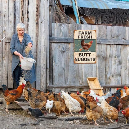 Vintage Metal Signs Chicken Coop Signs for Farm Yard Decor, Farm Tin Signs for Home Kitchen Outdoor Decor, Fresh Butt Nuggets - 8×12 in