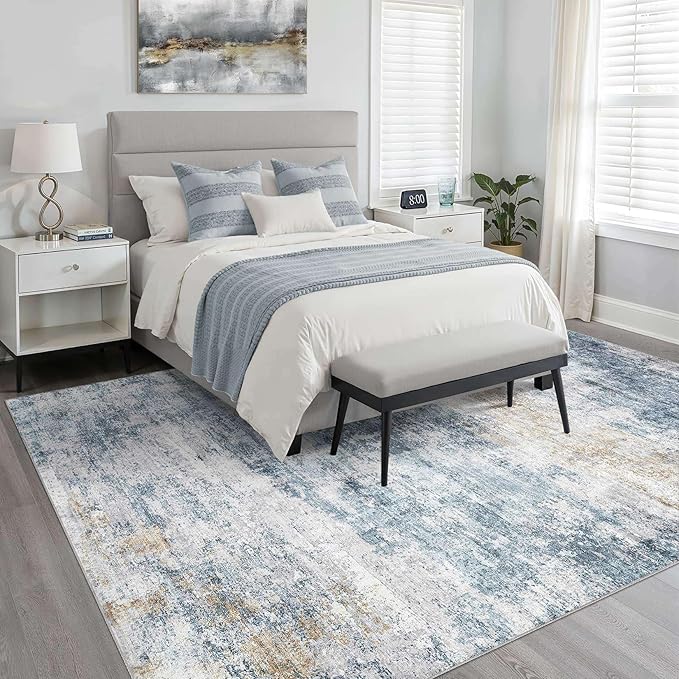 6x8 Area Rugs Living Room: Washable Large Neutral Rug Abstract Soft Modern Stain Resistant Indoor Floor Non-Slip Carpet for Bedroom Nursery Kids Office Playroom Dining Room Under Table- Blue Gold