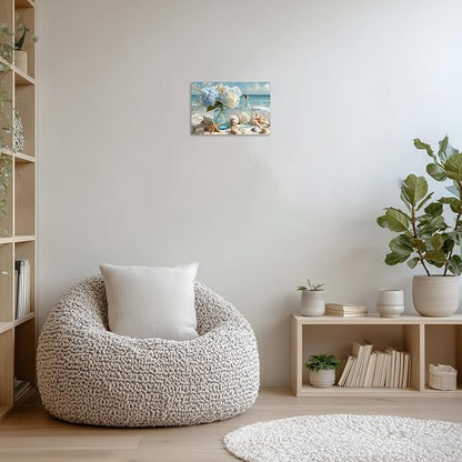 TutuBeer 1 Panel Blue Ocean Beach Bathroom Canvas Wall Art Seaside Seashell Painting Print Artwork Starfish with White Flower Coastal Bathroom Canvas Wall Art for Living Room Bedroom Bathroom 12"x18"