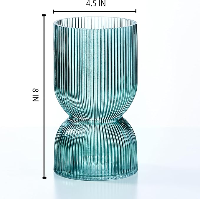 7.5 inch Vase for Flowers, Ribbed Thickened Glass Green Vases, Hourglass Bud Flower Vase for Bookshelf, Dinner Table, Indoor Office Desktop, Meeting Room, Bathroom, Home Decor, Christmas Decoration