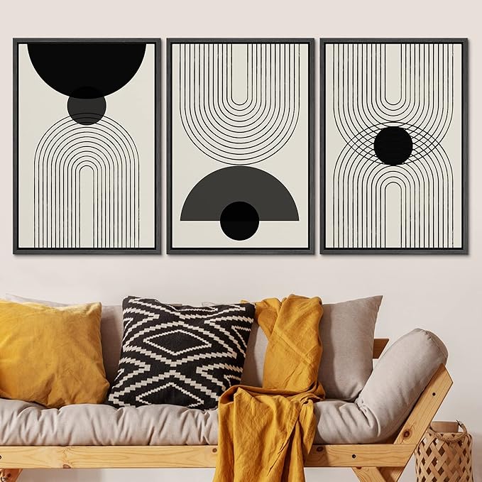 SIGNLEADER Framed Canvas Print Wall Art Black Semi-Circle an Line Parabola Abstract Shapes Illustrations Modern Art Minimalist Edgy Black and White for Living Room, Bedroom, Office - 16"x24"x3 BLACK