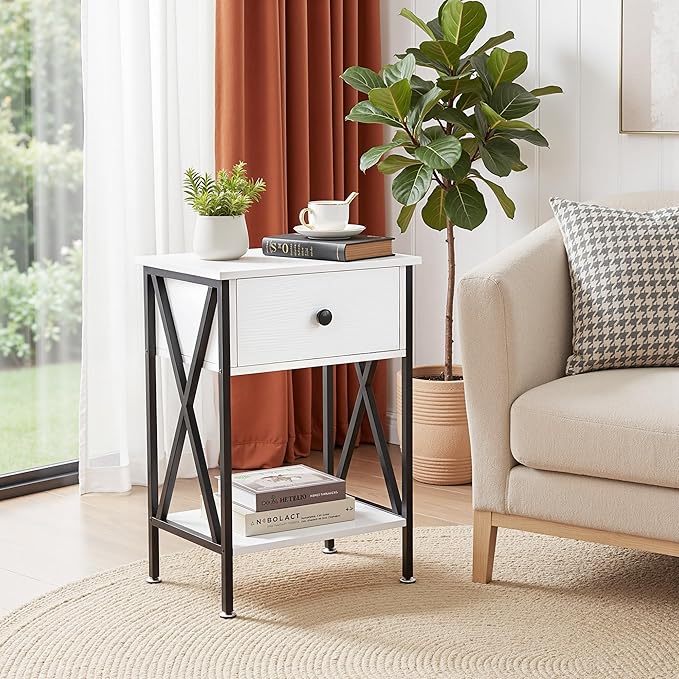 VECELO Nightstands, Modern Bedside End Tables Set of 2, Night Stand with Drawer and Storage Shelf for Living Room Bedroom, Industrial Metal Frame