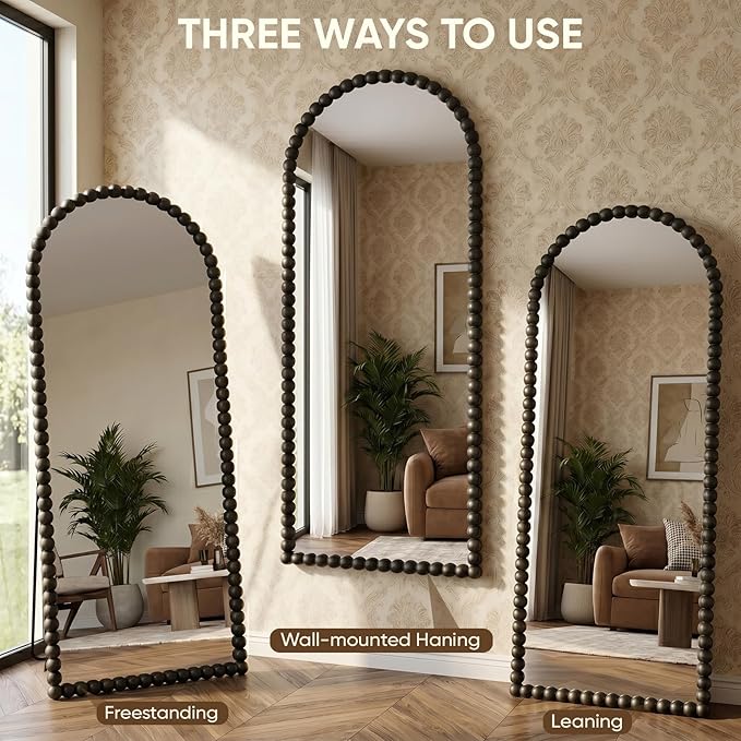 Antok 57" x 21" Arched Full Length Mirror, Antique Beaded Frame Floor Standing or Wall Mounted Mirror with Stand for Bedroom, Entryway, Black, Luxury Style