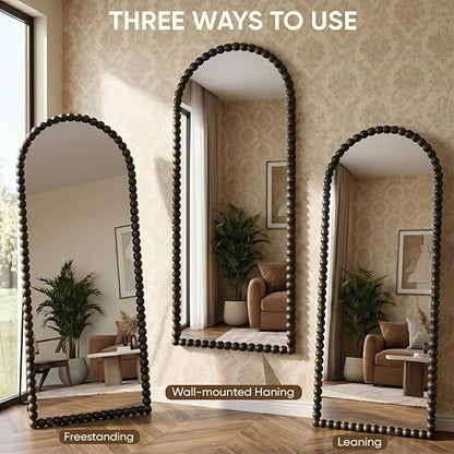 Antok 57" x 21" Arched Full Length Mirror, Antique Beaded Frame Floor Standing or Wall Mounted Mirror with Stand for Bedroom, Entryway, Black, Luxury Style