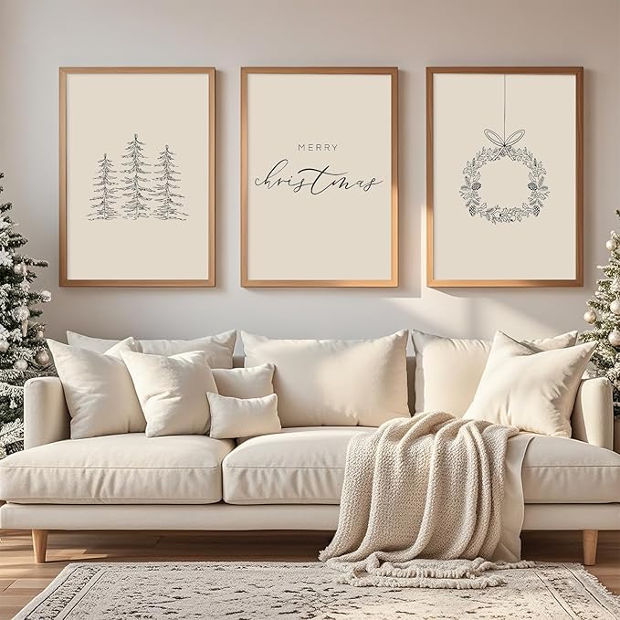 Baccone Christmas Wall Art Winter Xmas Canvas Decor Merry Christmas Wall Art Minimalist Vintage Painting Beige Farmhouse Prints Holiday Poster for Bathroom 12x16x3 Inch Unframed