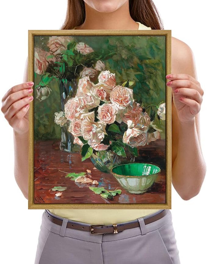 Pyradecor Vintage Retro Framed Wall Art White Roses Canvas Prints Mid Century Wall Decor Bedroom Decor for Living Room Farmhouse Kitchen Decorations