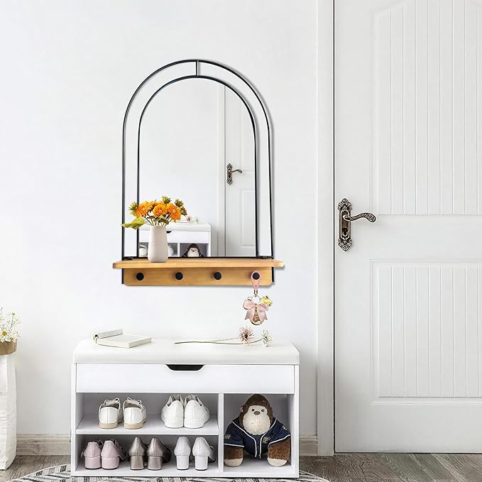 BAODANFU Wall Mirror with Foldable Wood Shelf, Black Bathroom Mirror with 4 Metal Hooks, 20x30 inches Arch Makeup Vanity Mirrors Decorative for Entryway, Bedroom, Dressing Room