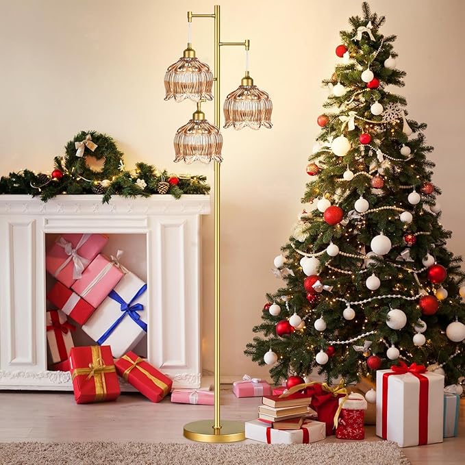 AHDWDW Gold Floor Lamp for Living Room Bedroom,Modern Floor Lamps with Unique Glass Shades,68IN Mid Century Tall Standing Lamp,Vintage Tree Floor Lamp for Corner Office Reading,3 Light Bulb Included