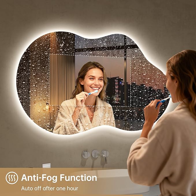 LOVESPEJO Irregular Backlit Mirror Bathroom 40x24 Inch, Asymmetrical Cloud LED Bathroom Mirror with Lights, Fogless, Dimmable, 3 Color Changing, Shatterproof,Horizontal/Vertical