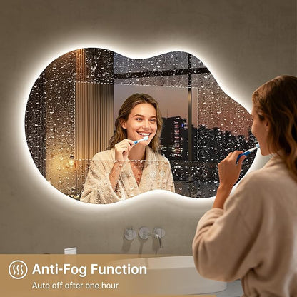 LOVESPEJO Irregular Backlit Mirror Bathroom 40x24 Inch, Asymmetrical Cloud LED Bathroom Mirror with Lights, Fogless, Dimmable, 3 Color Changing, Shatterproof,Horizontal/Vertical