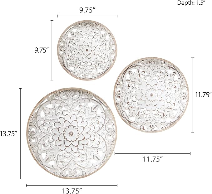 Madison Park Wall Art Living Room Décor - Medallion Trio Real Fir Wood Round Design, Home Accent Modern Kitchen Dining Decoration, Ready to Hang Panel for Bedroom, Multi-Sizes, Natural/White 3 Piece