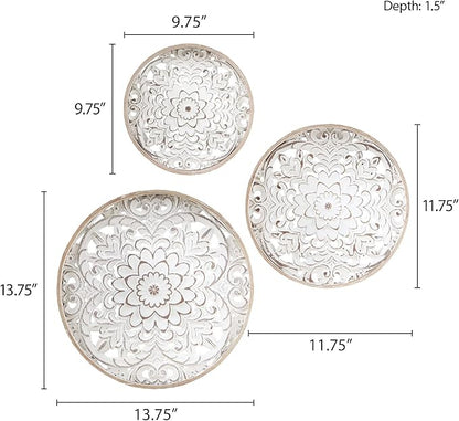 Madison Park Wall Art Living Room Décor - Medallion Trio Real Fir Wood Round Design, Home Accent Modern Kitchen Dining Decoration, Ready to Hang Panel for Bedroom, Multi-Sizes, Natural/White 3 Piece