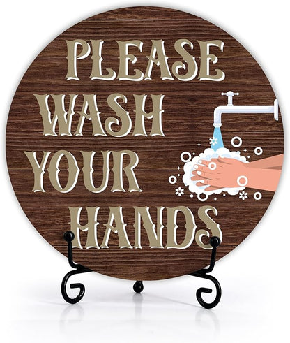 Rustic Wooden Round 'Please Wash Your Hands' Sign, 6 Inches, Tabletop, Bathroom & Home Decor