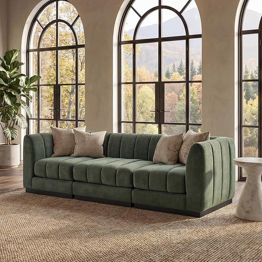 Morden Fort 96" Modular Sectional Sofa, Deep Seat Chenille Couch with High Density Foam Cushions, 3-Seat Modern Minimalist Sofa for Living Room Apartment, Green