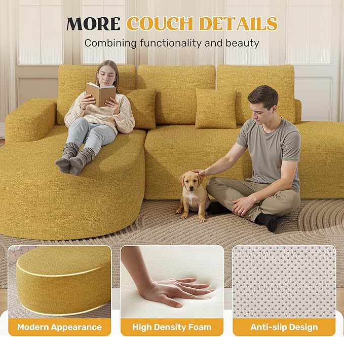 112" Modern Curved Cloud Couch, Chenille Boneless Couches for Living Room with Deep Seat, Memory Foam Compressed Modular Sectional Sofa, No Assembly Required,Yellow 1 PCS