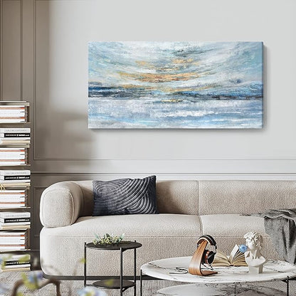 Abstract Wall Art for Living Room Large Framed Light Blue Canvas Print Coastal Theme Artwork Modern Ocean Skyline and Sunset & Sunrise in the Seaside Painting for Home Bedroom Décor 48x24inch