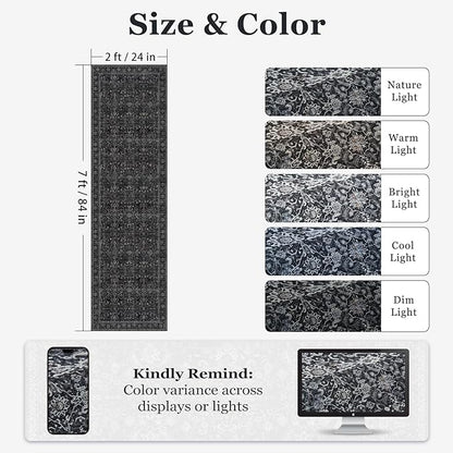 Dark 2x7 Hallway Runner Rug Non Slip, Vintage Charcoal Entryway Rugs for Inside House Mudroom, Kitchen Runner Rugs Non Skid Washable, Carpet Runner for Bathroom Laundry Room Bedroom, Midnight