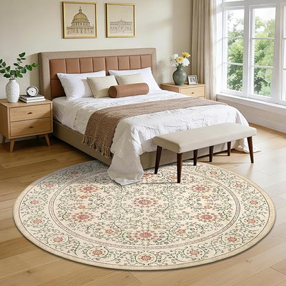 GarveeHome Boho Round Rugs 6ft for Living Room Non Slip, Vintage Botanical Circle Rug Washable Area Rug for Dining Room Stain Resistant, Low Pile Soft Camel Circular Carpet for Nursery Kitchen
