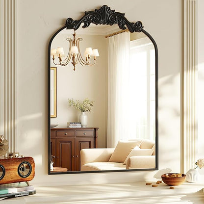VooBang Vintage Arched Bathroom Mirror, 24x36 Inch Retro Wall Mounted Vanity Mirror with Carved Pattern Top and Metal Frame, Black Decorative Mirror for Hanging or Leaning