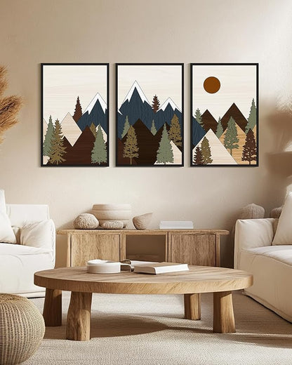 Drsoum Morden Mountains Landscape Wall Art Framed Boho Pine Tree Forest Nature Prints Boho Farmhouse Rustic Artwork Hallway Bedroom Ready to Hang 24x36in Black Framed
