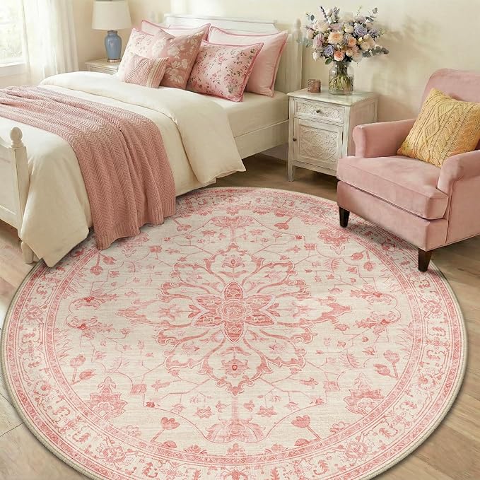 RELEANY Area Rugs Round 6ft Washable Non-Slip, Floral Vintage Distress Print Pattern Medallion Carpet for Living Room Bedroom Dining Room, Pink Light Vintage Pink