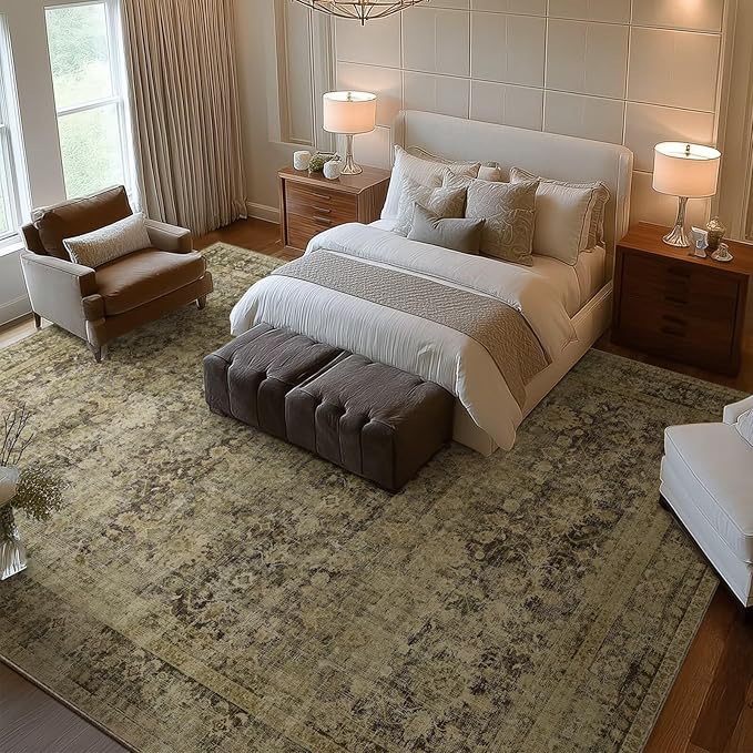 Washable 9x12 Area Rugs for Living Room, Boho Non-Slip Vintage Distress Lager Rugs for Bedroom Dining Room Nursery Office, 0.3" Neutral Oriental Throw Thin Carpet, Moss/Yellow/Multi, C3